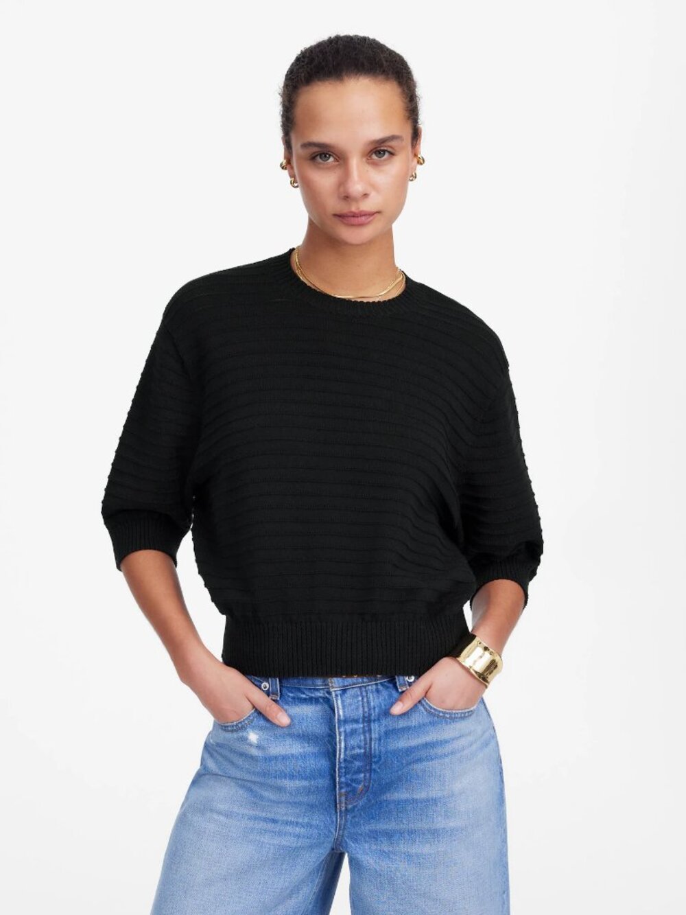 Madewell Textural-Stitch Cotton Sweater Black XXL Short Sleeve Boxy Knit Top - Picture 3 of 6